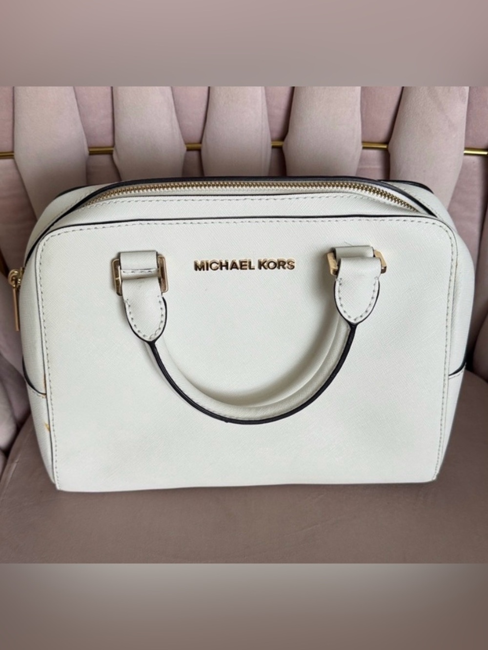 Michael Kors Cream Saffiano Leather Satchel with Gold Hardware